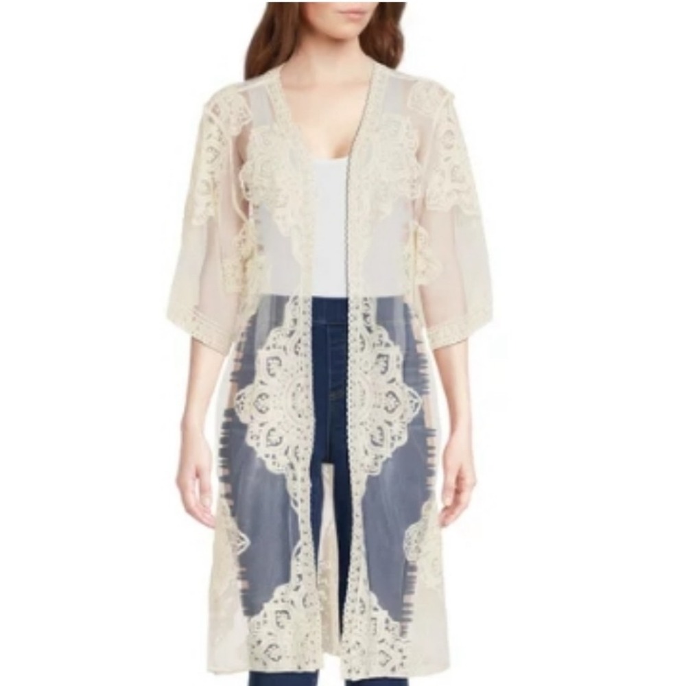 Cream Floral Lace Sheer Mesh Kimono Duster Cardigan L-XL